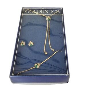Golden Ice Ladybug Pendant Necklace Bracelet‎ Earrings Set Gold Tone Green Gem